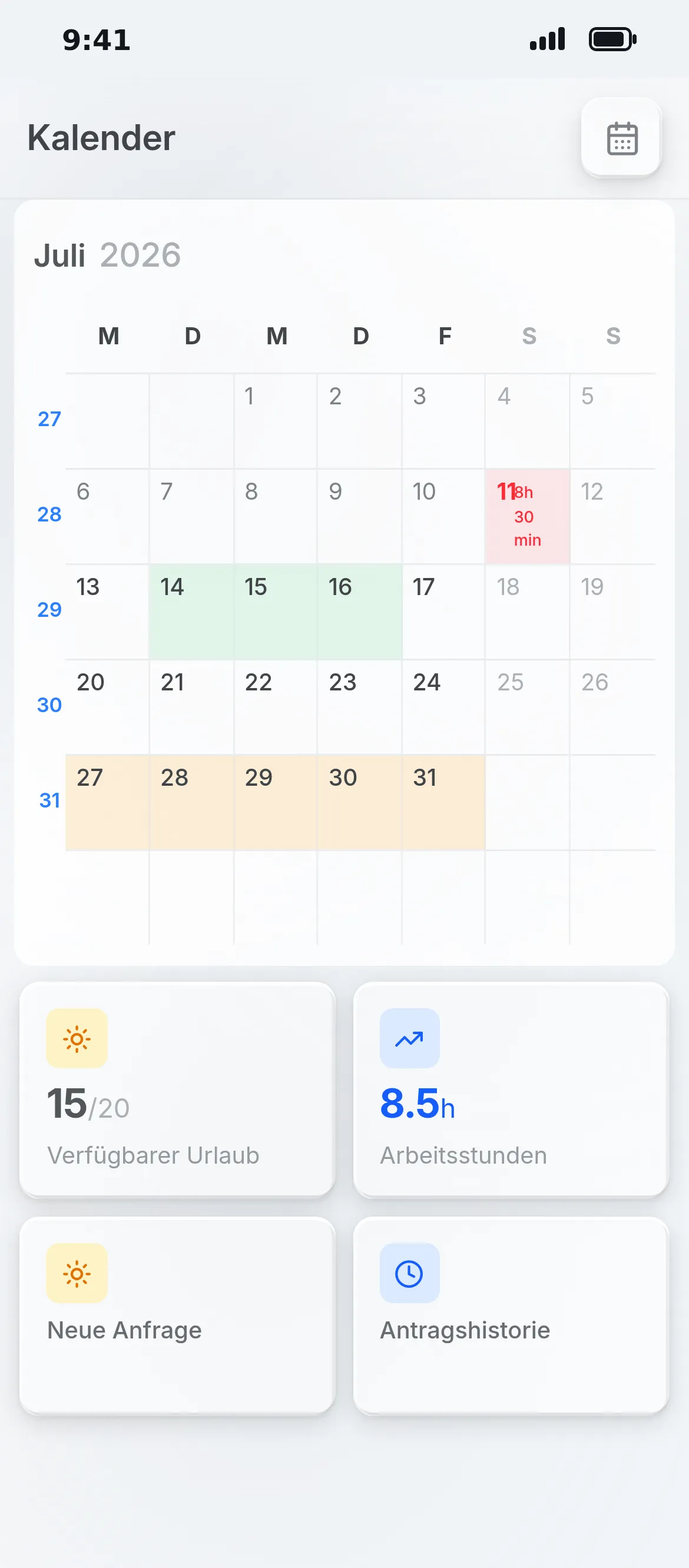 Calendar in the Oraria app
