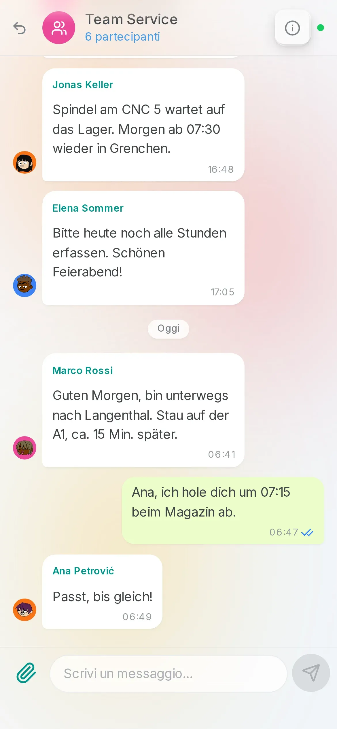 La chat della squadra nell'app Oraria
