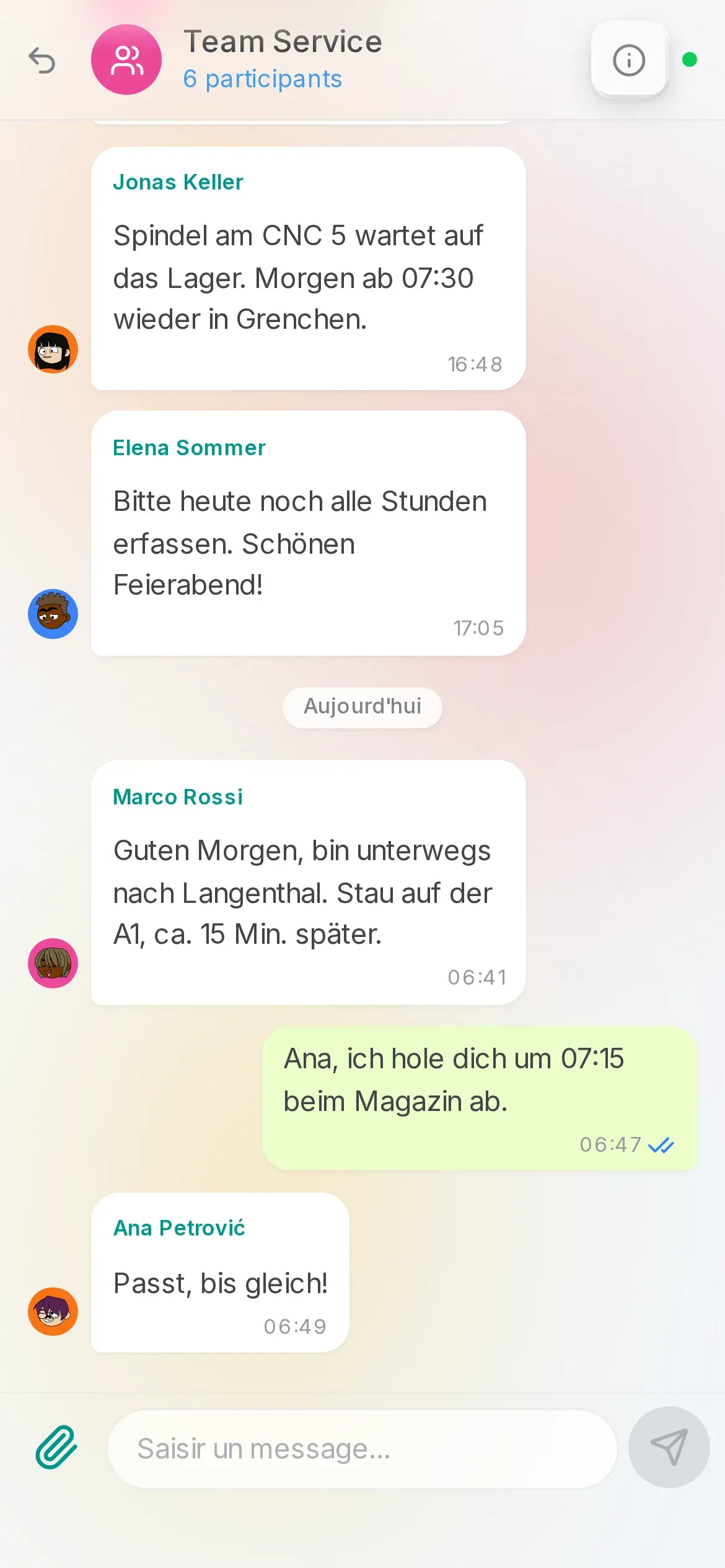 Le chat de l'équipe dans l'app Oraria