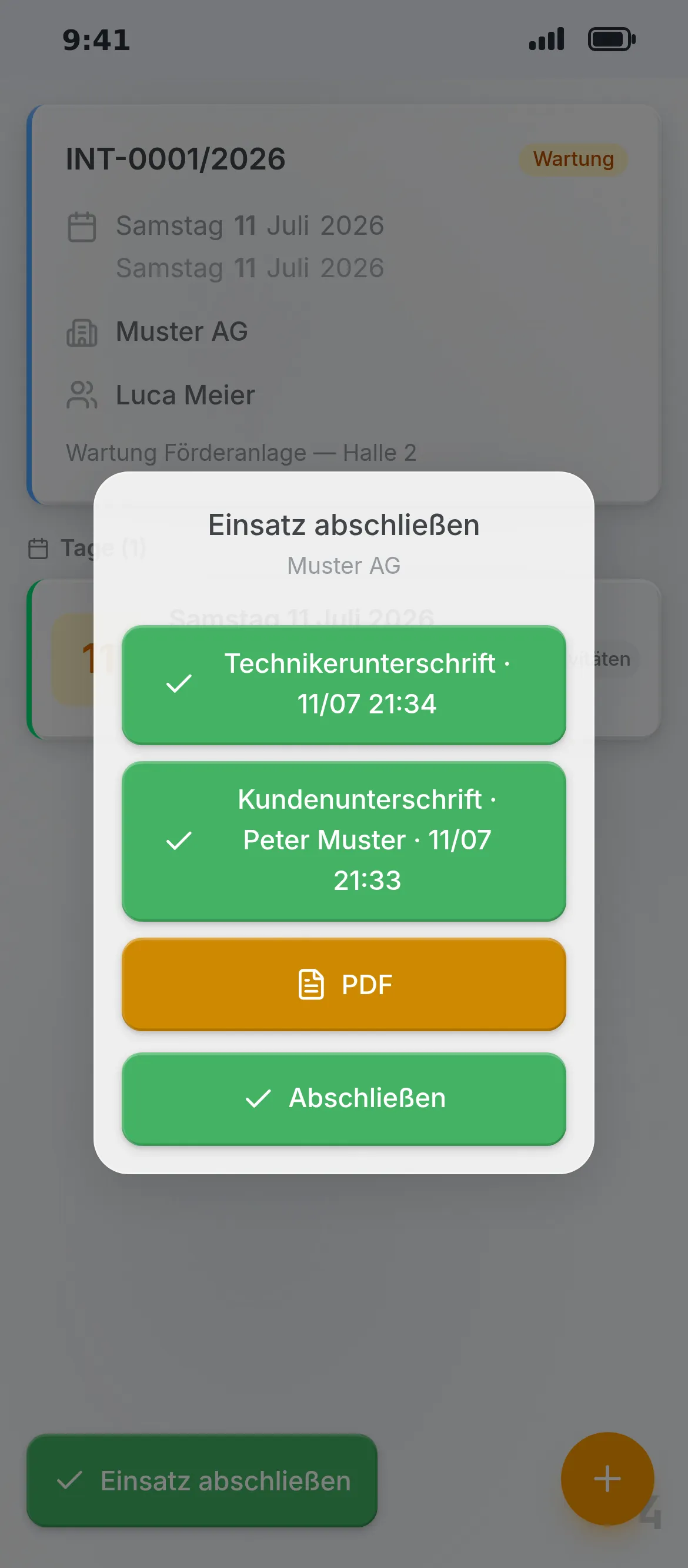Techniker- und Kundenunterschrift in der Oraria App