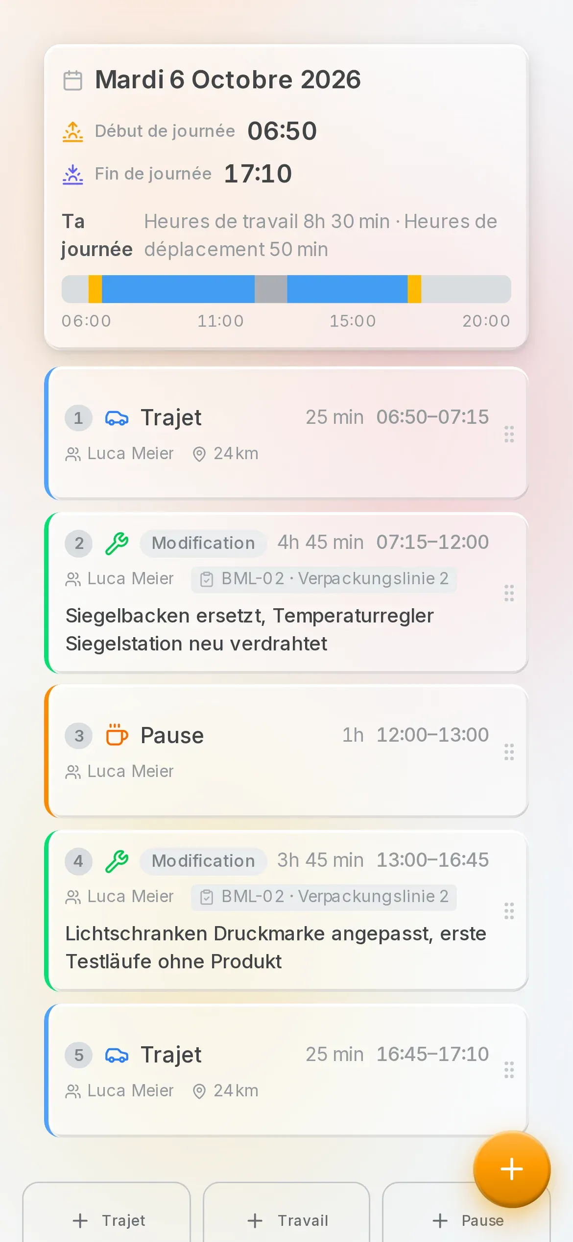 La journée d'une intervention dans l'app Oraria
