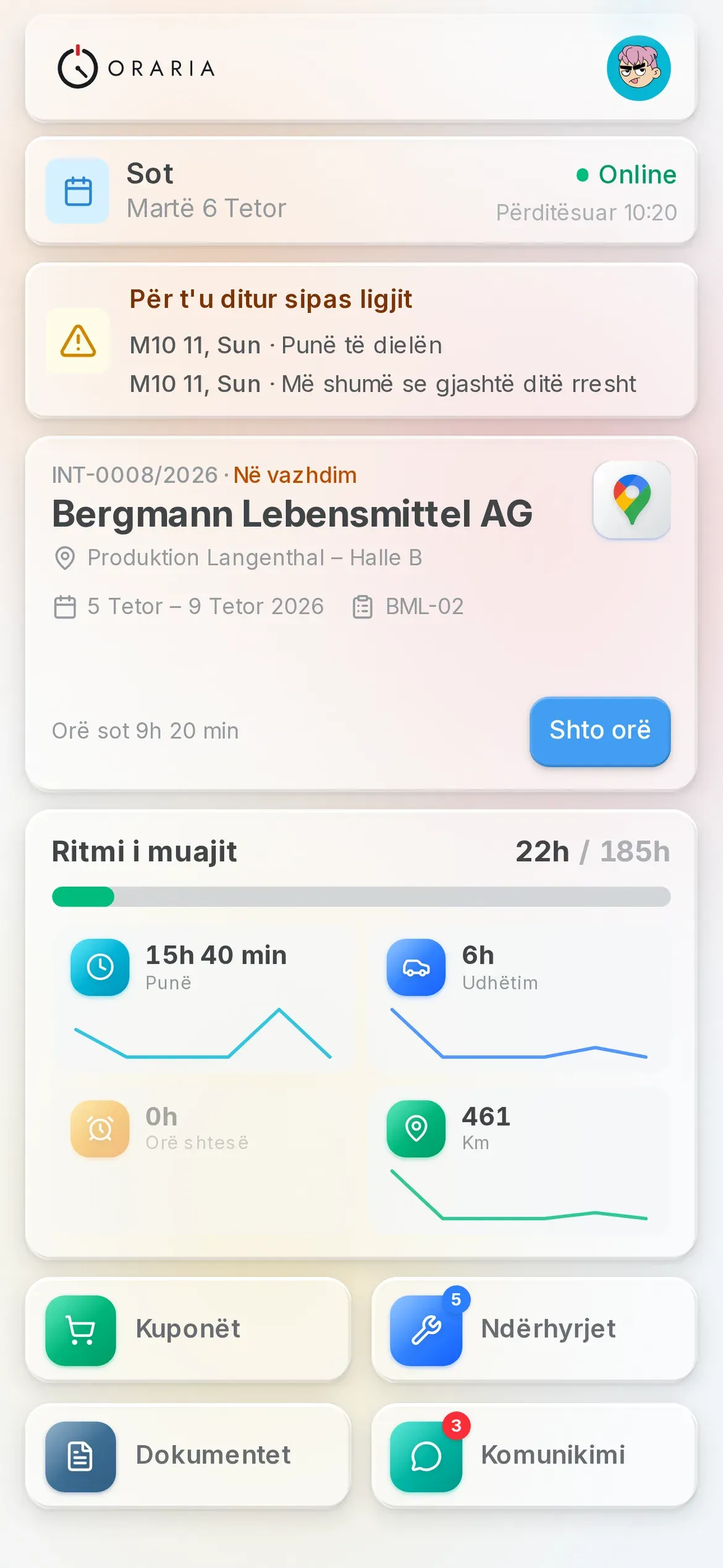 Faqja Sot në aplikacionin Oraria