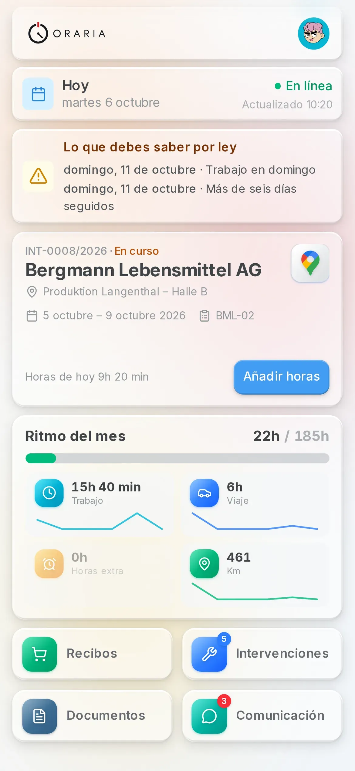 La página Hoy en la app Oraria