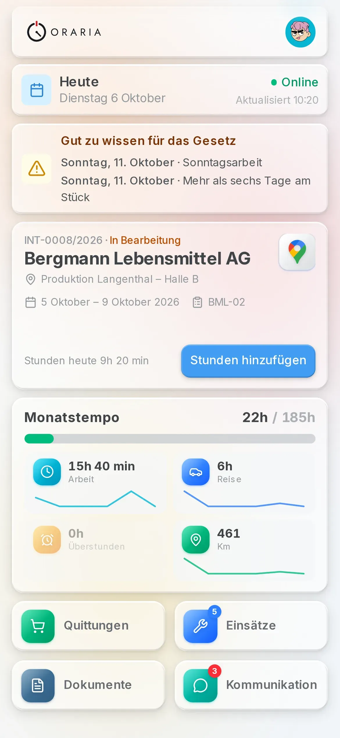 Die Seite Heute in der Oraria-App