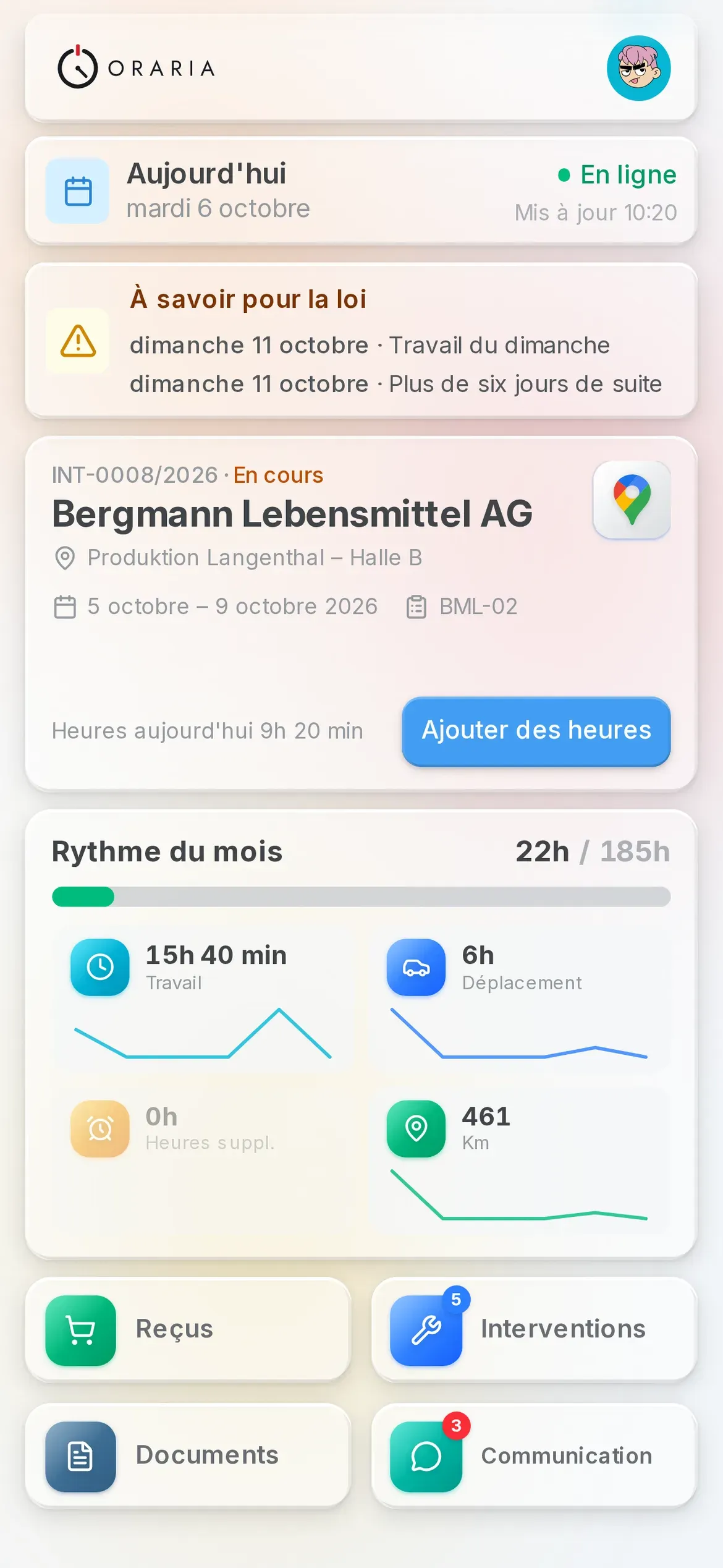 La page Aujourd'hui dans l'app Oraria