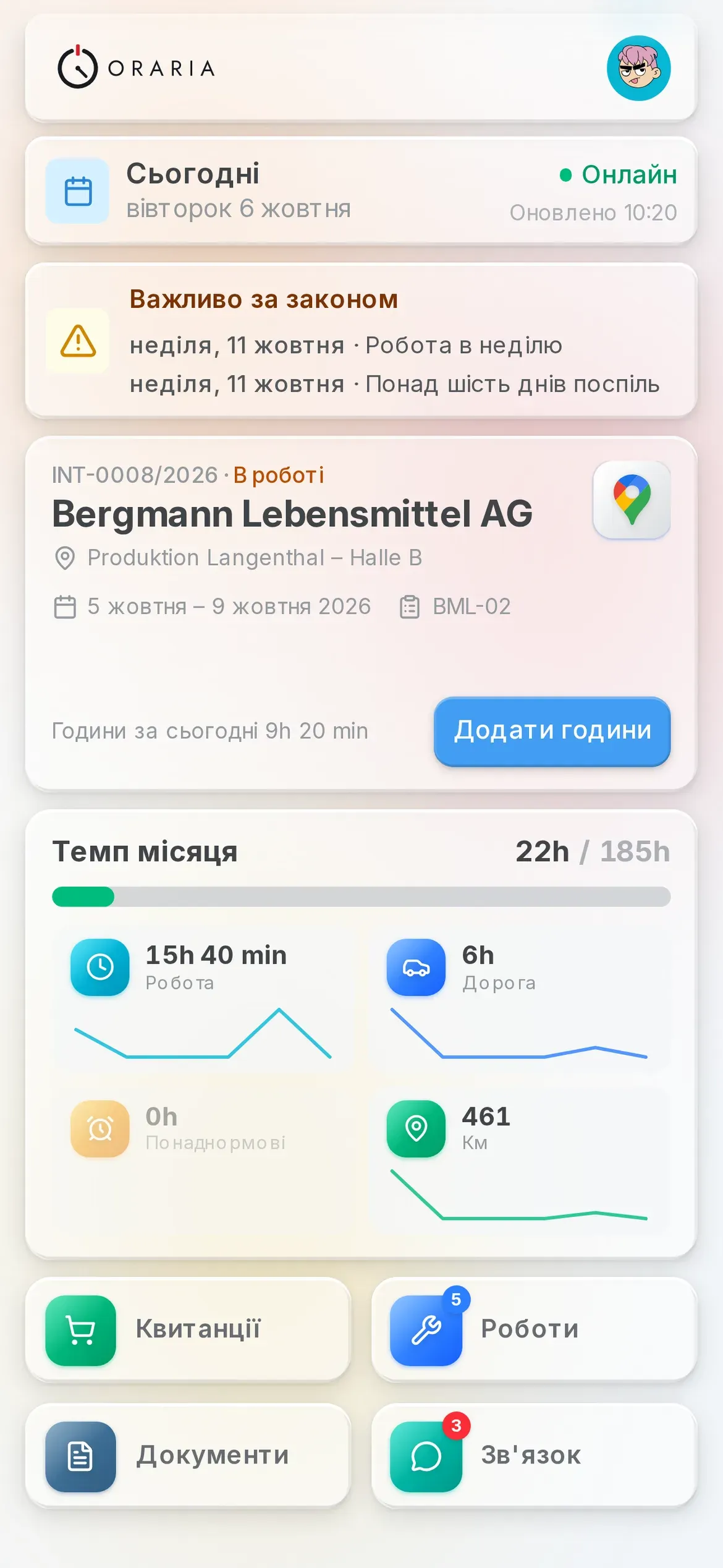 Сторінка «Сьогодні» в застосунку Oraria