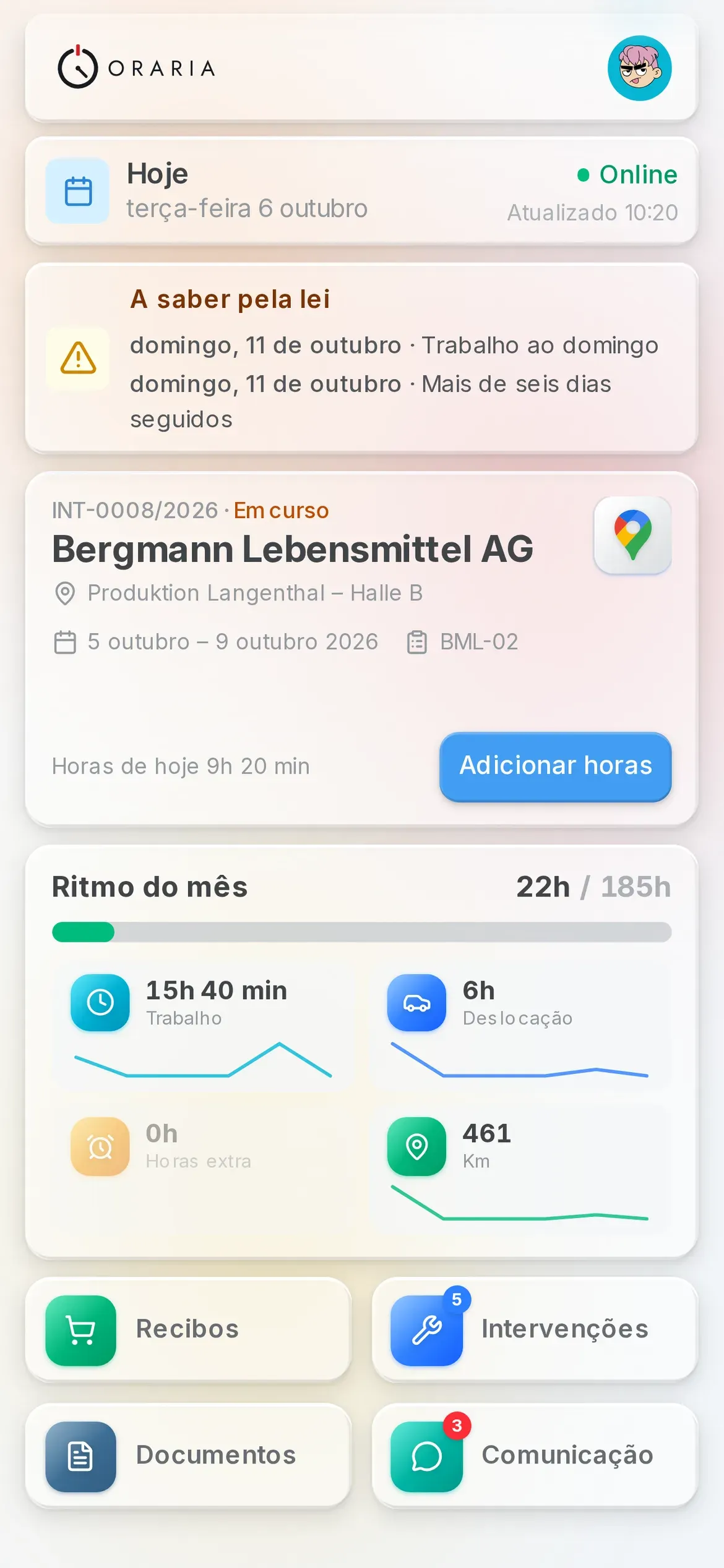 A página Hoje na app Oraria