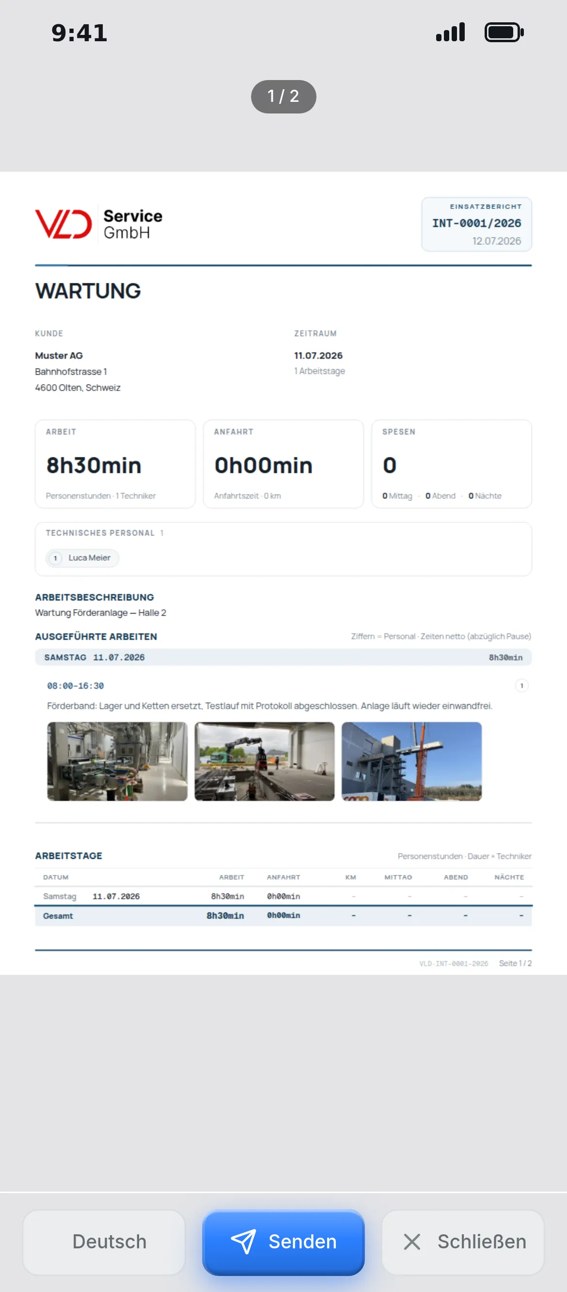 PDF preview of the work report in the Oraria app