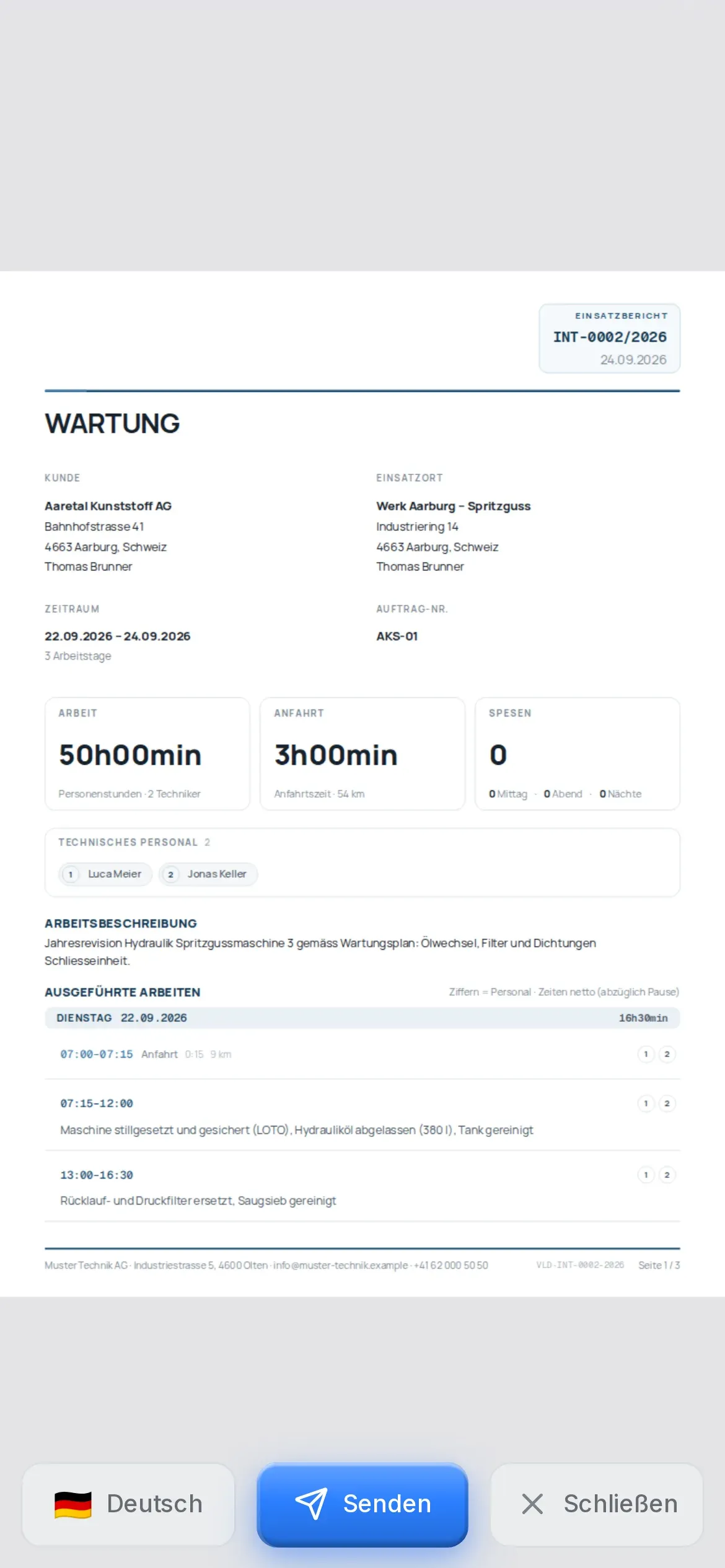 Vorschau des Einsatz-PDFs in der Oraria-App