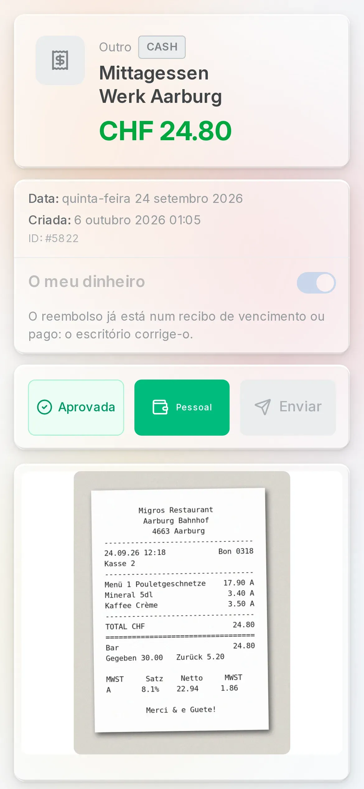 As despesas de um técnico na app Oraria