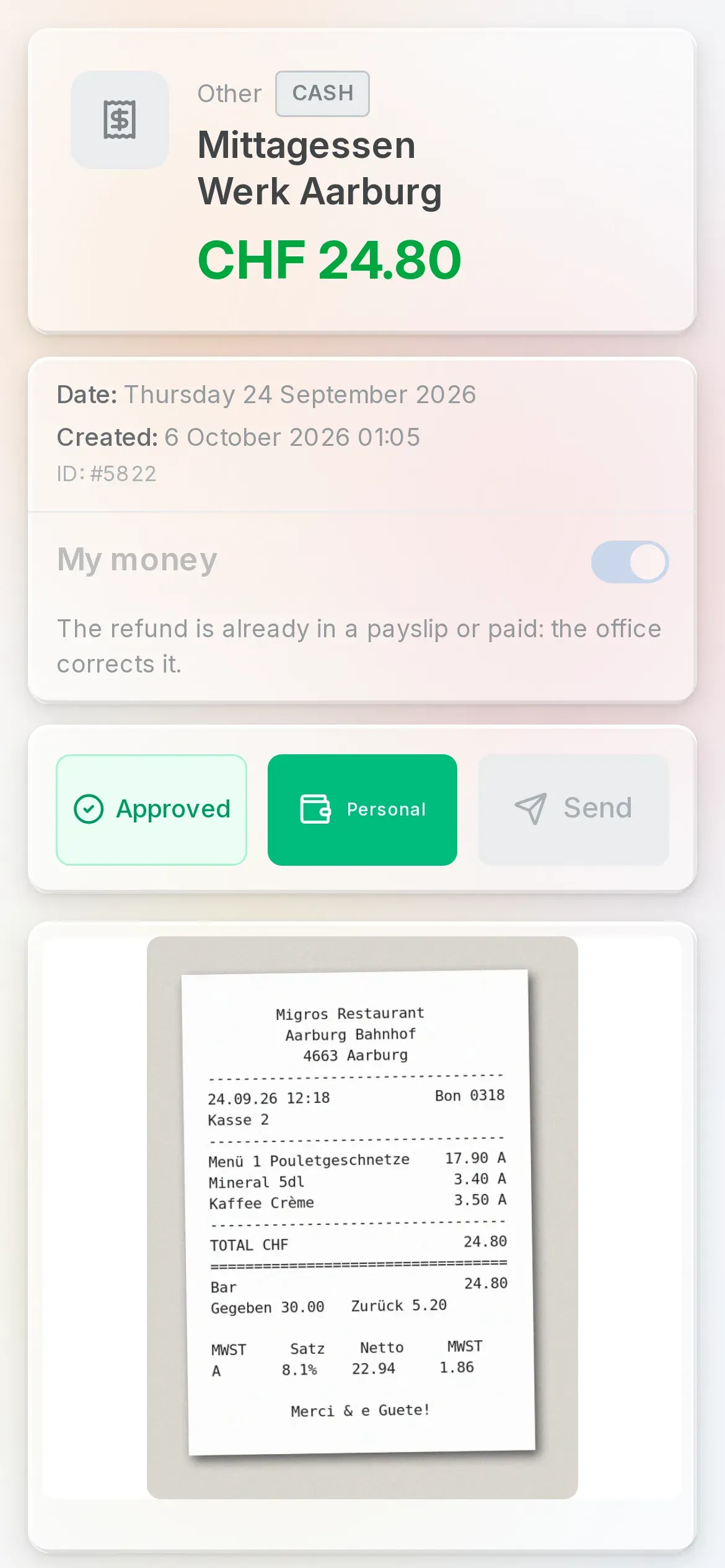 A technician's expenses in the Oraria app